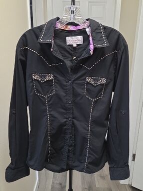 Panhandle Black Embroidered Back Western Shirt Studded Front